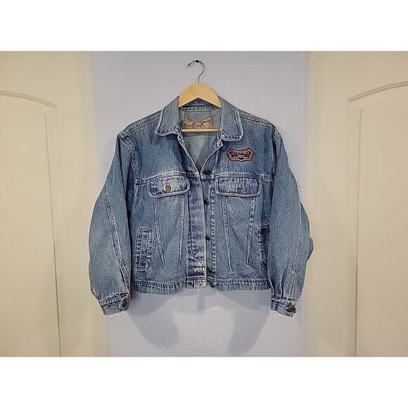 Vintage 90s Bugle Boy Denim Jacket Mens Medium Blue Trucker Patch Grunge - Picture 1 of 9